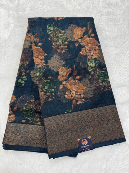 Semi Tussar Silk Saree - Carbon Blue color with Gold Zari Border - Elegant Fancy Saree for Party & Office Wear