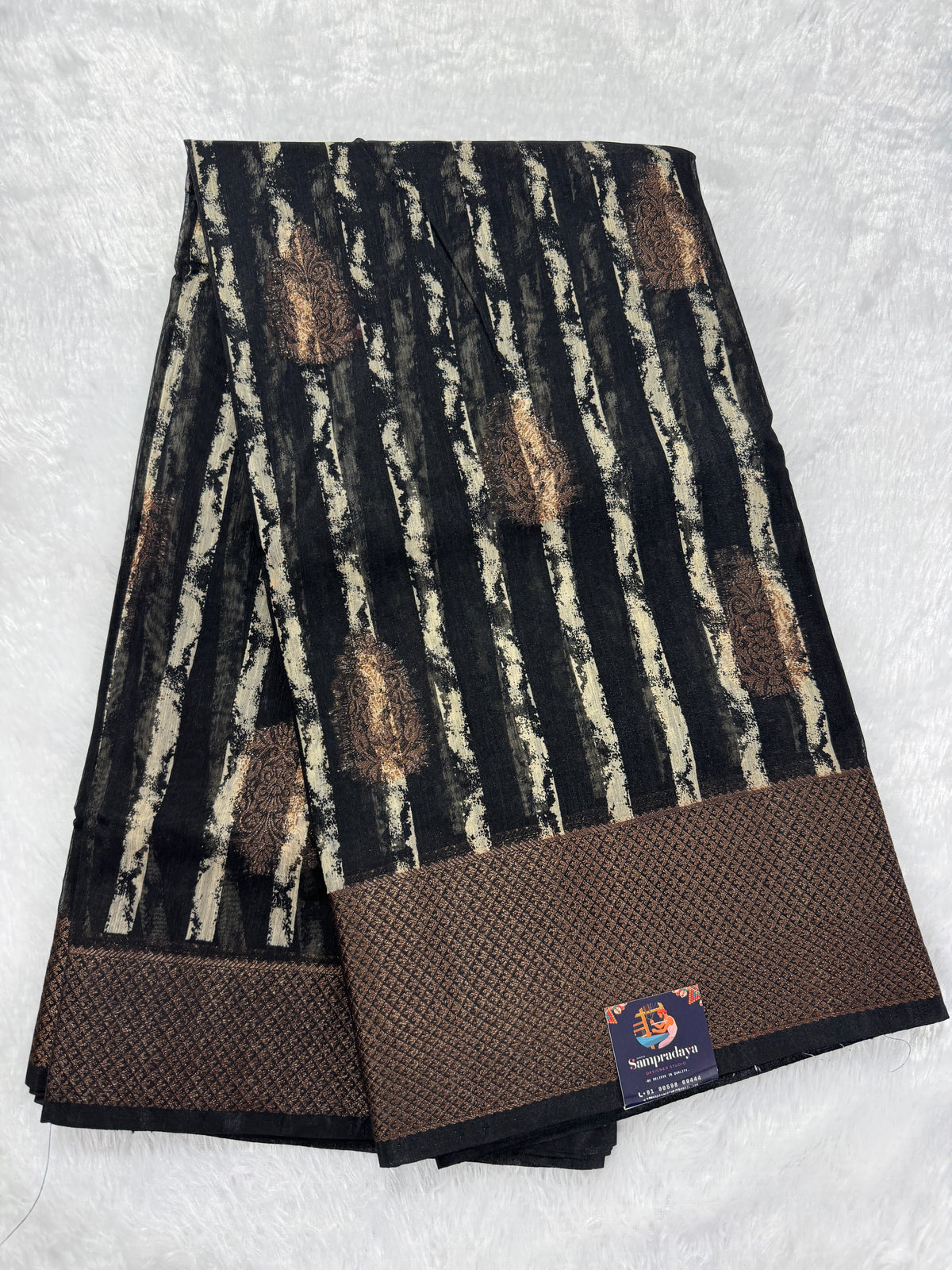 Semi Tussar Silk Saree -Black color with Gold Zari Border - Elegant Fancy Saree for Party & Office Wear
