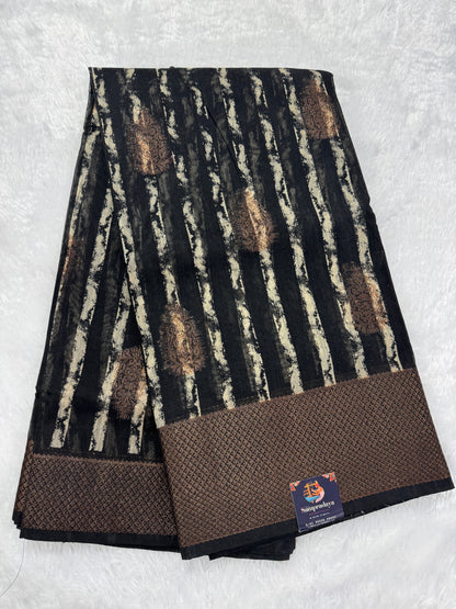 Semi Tussar Silk Saree -Black color with Gold Zari Border - Elegant Fancy Saree for Party & Office Wear