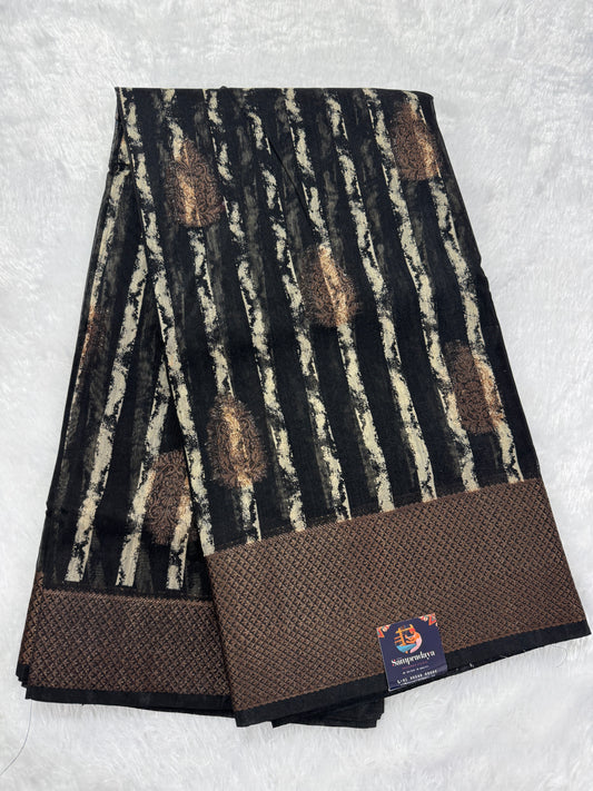 Semi Tussar Silk Saree -Black color with Gold Zari Border - Elegant Fancy Saree for Party & Office Wear