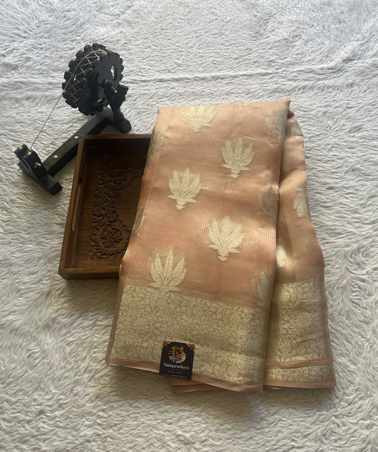 Banarasi Tissue Kora Saree Coral Colored Complemented with a Zari Border. - Sampradaya Designer Studio