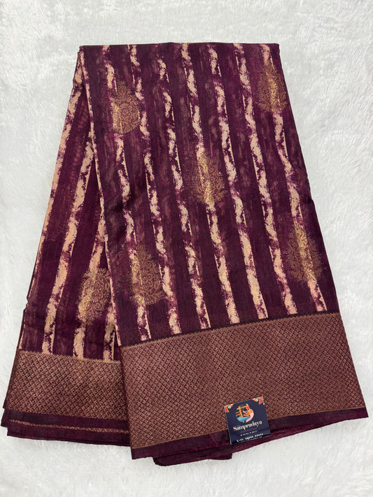 Semi Tussar Silk Saree -Warm Plum color with Gold Zari Border - Elegant Fancy Saree for Party & Office Wear