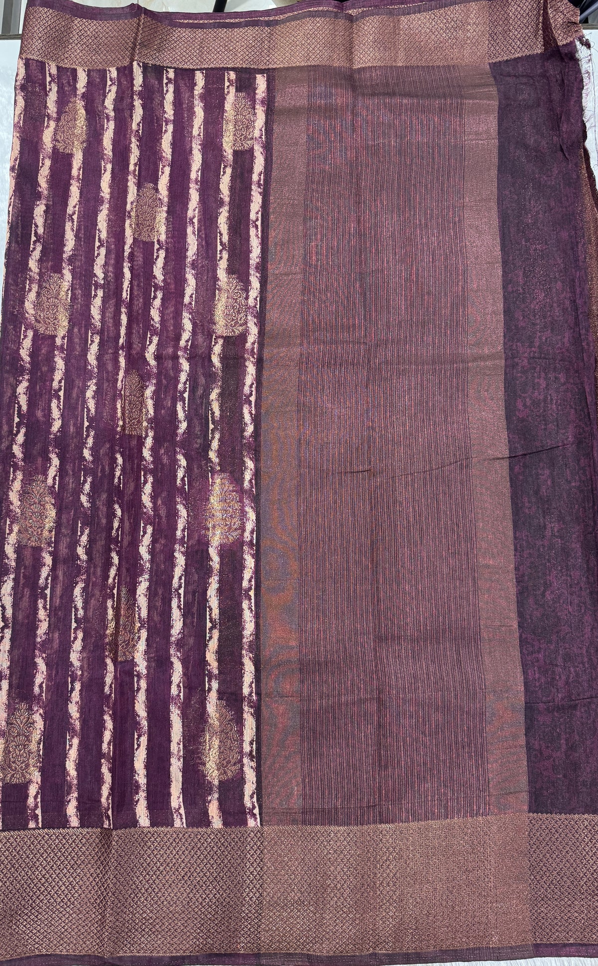 Semi Tussar Silk Saree -Warm Plum color with Gold Zari Border - Elegant Fancy Saree for Party & Office Wear