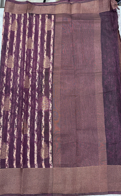 Semi Tussar Silk Saree -Warm Plum color with Gold Zari Border - Elegant Fancy Saree for Party & Office Wear
