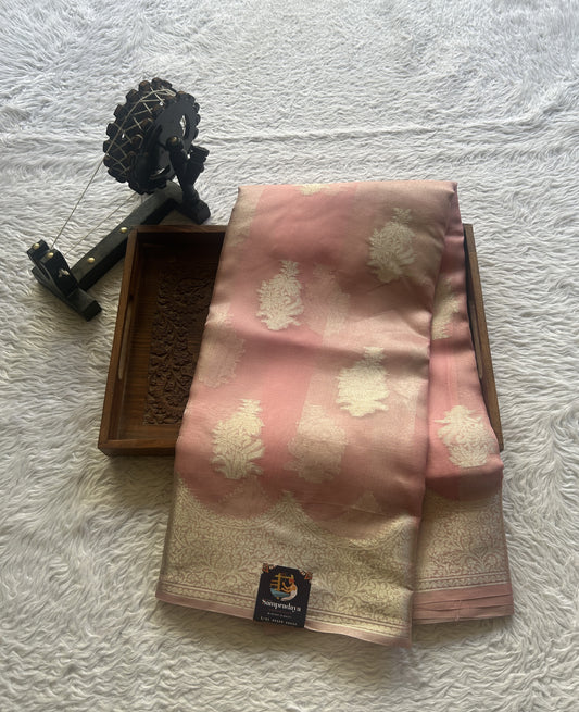 Banarasi Tissue Kora Saree Baby Pink Colored Complemented with a Zari Border. - Sampradaya Designer Studio