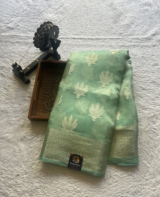 Banarasi Tissue Kora Saree Sea Blue Colored Complemented with a Zari Border. - Sampradaya Designer Studio