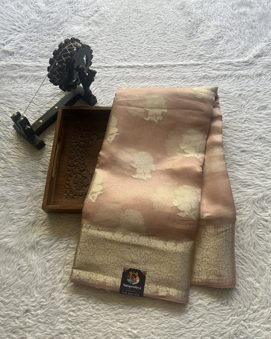 Banarasi Tissue Kora Saree Peach Colored Complemented with a Zari Border. - Sampradaya Designer Studio