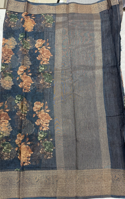 Semi Tussar Silk Saree - Carbon Blue color with Gold Zari Border - Elegant Fancy Saree for Party & Office Wear