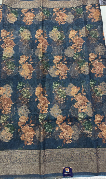 Semi Tussar Silk Saree - Carbon Blue color with Gold Zari Border - Elegant Fancy Saree for Party & Office Wear