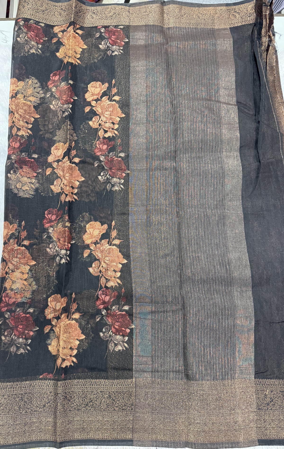Semi Tussar Silk Saree -Black color with Gold Zari Border - Elegant Fancy Saree for Party & Office Wear