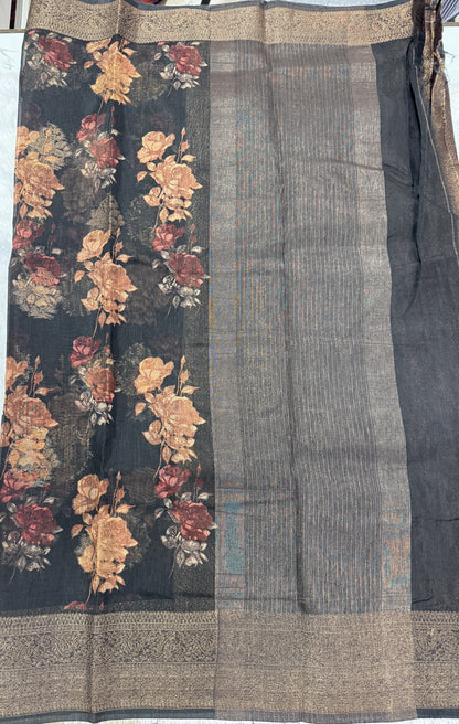 Semi Tussar Silk Saree -Black color with Gold Zari Border - Elegant Fancy Saree for Party & Office Wear