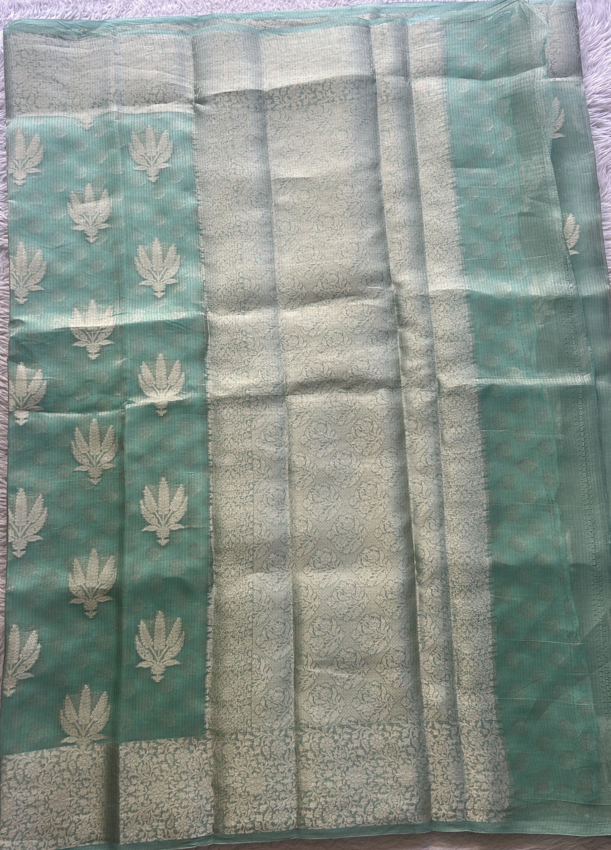 Banarasi Tissue Kora Saree Sea Blue Colored Complemented with a Zari Border. - Sampradaya Designer Studio