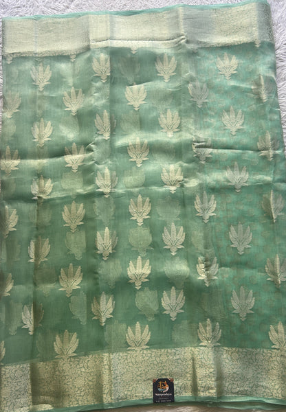 Banarasi Tissue Kora Saree Sea Blue Colored Complemented with a Zari Border. - Sampradaya Designer Studio