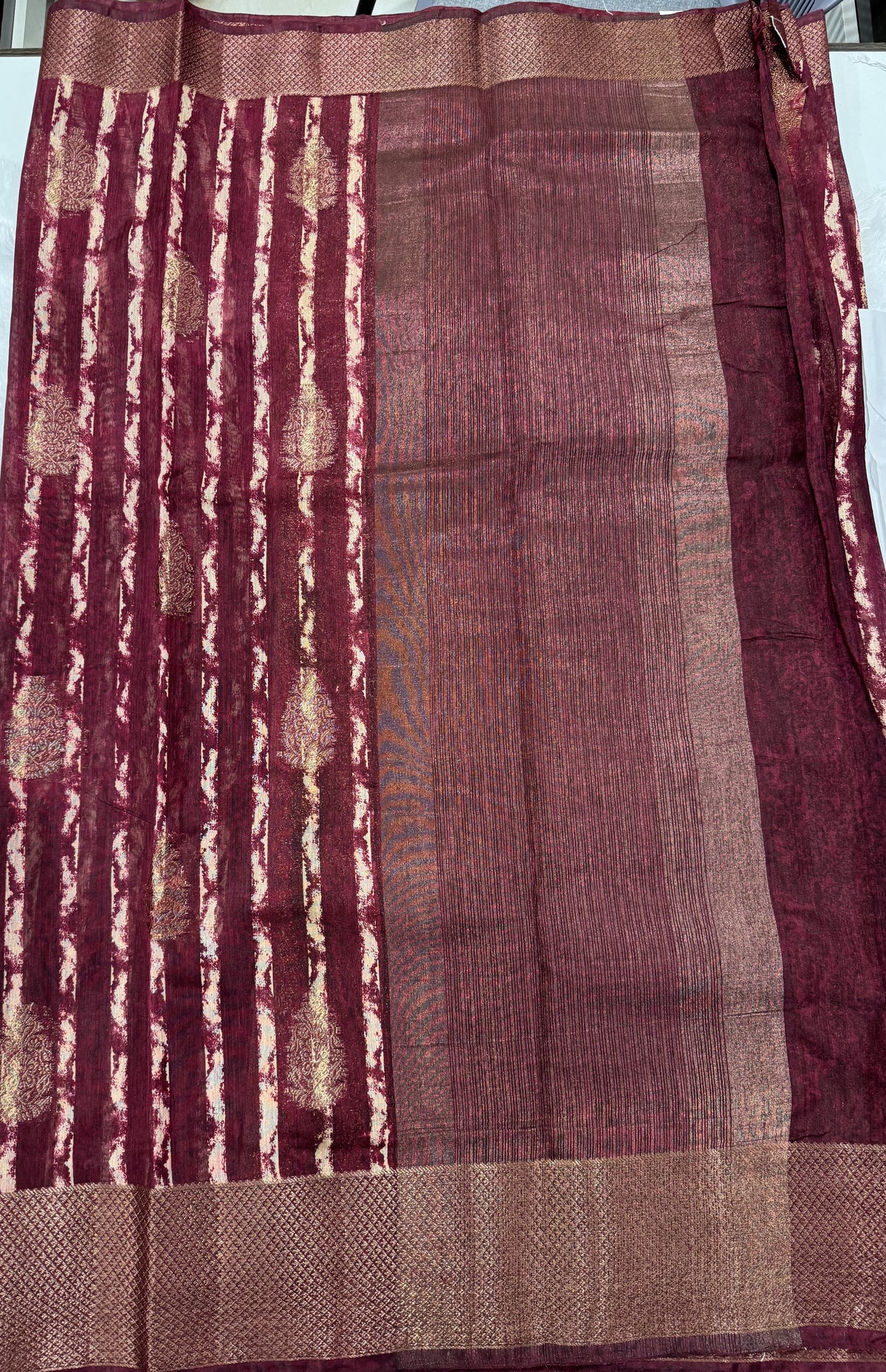 Semi Tussar Silk Saree -Maroon color with Gold Zari Border - Elegant Fancy Saree for Party & Office Wear