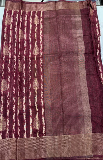 Semi Tussar Silk Saree -Maroon color with Gold Zari Border - Elegant Fancy Saree for Party & Office Wear