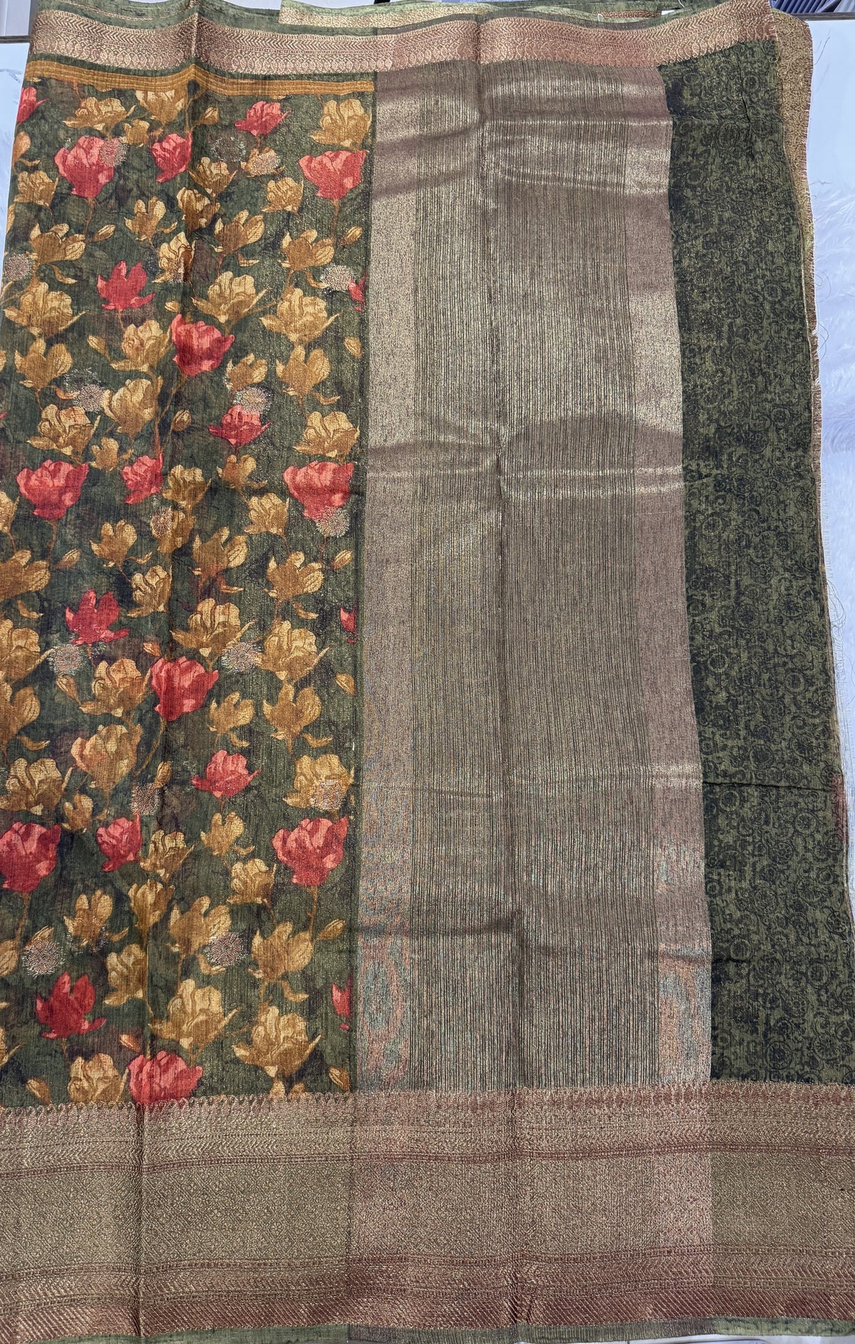 Semi Tussar Silk Saree -Mehandi Green color with Gold Zari Border - Elegant Fancy Saree for Party & Office Wear