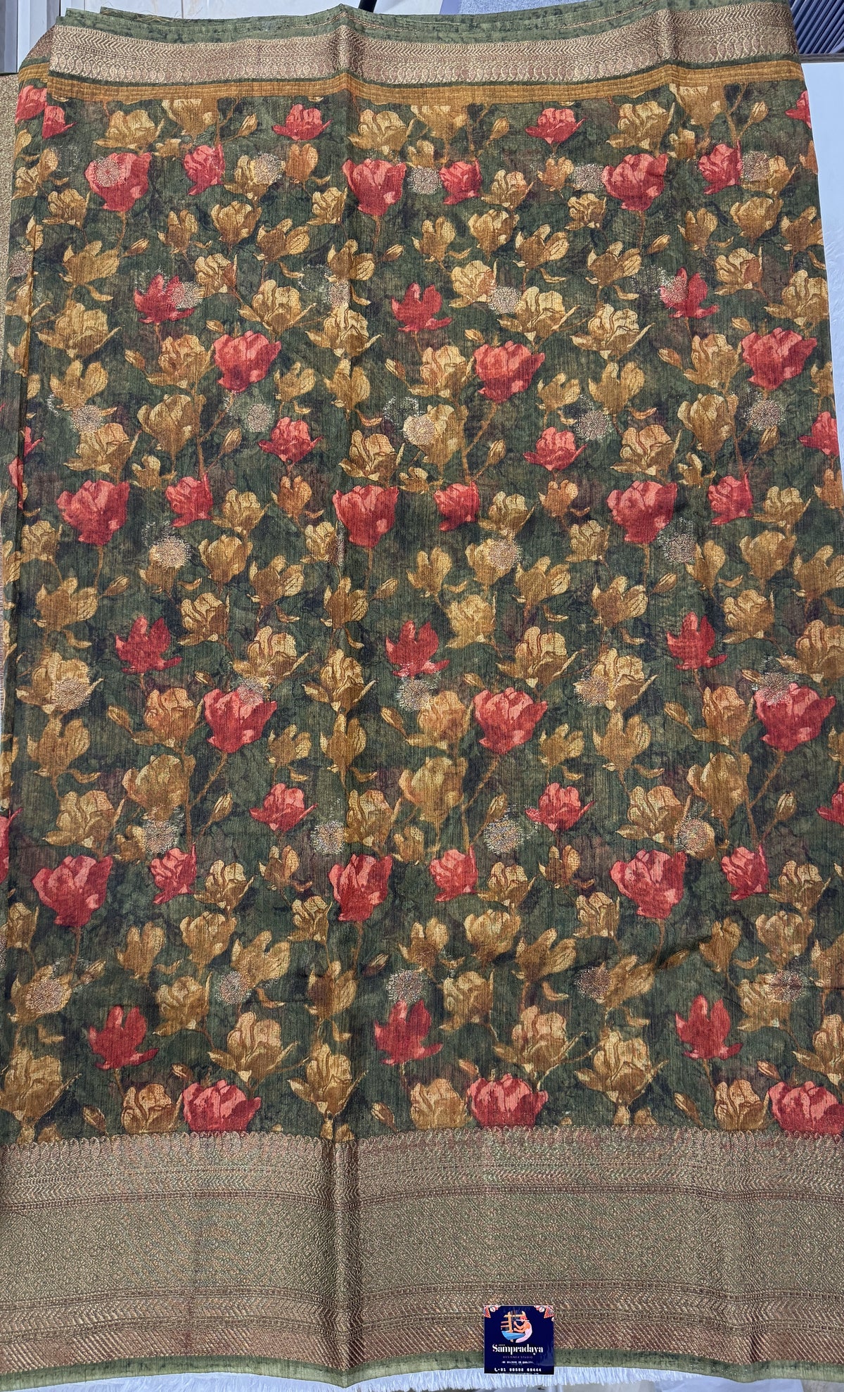 Semi Tussar Silk Saree -Mehandi Green color with Gold Zari Border - Elegant Fancy Saree for Party & Office Wear
