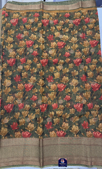 Semi Tussar Silk Saree -Mehandi Green color with Gold Zari Border - Elegant Fancy Saree for Party & Office Wear