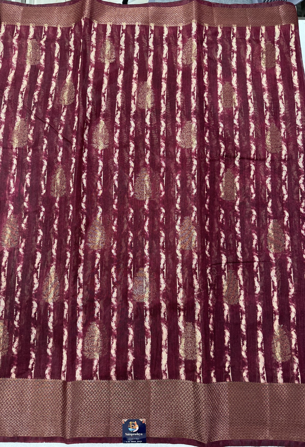 Semi Tussar Silk Saree -Maroon color with Gold Zari Border - Elegant Fancy Saree for Party & Office Wear