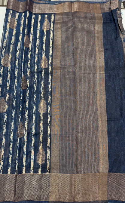 Semi Tussar Silk Saree -Dark Blue Gray color with Gold Zari Border - Elegant Fancy Saree for Party & Office Wear