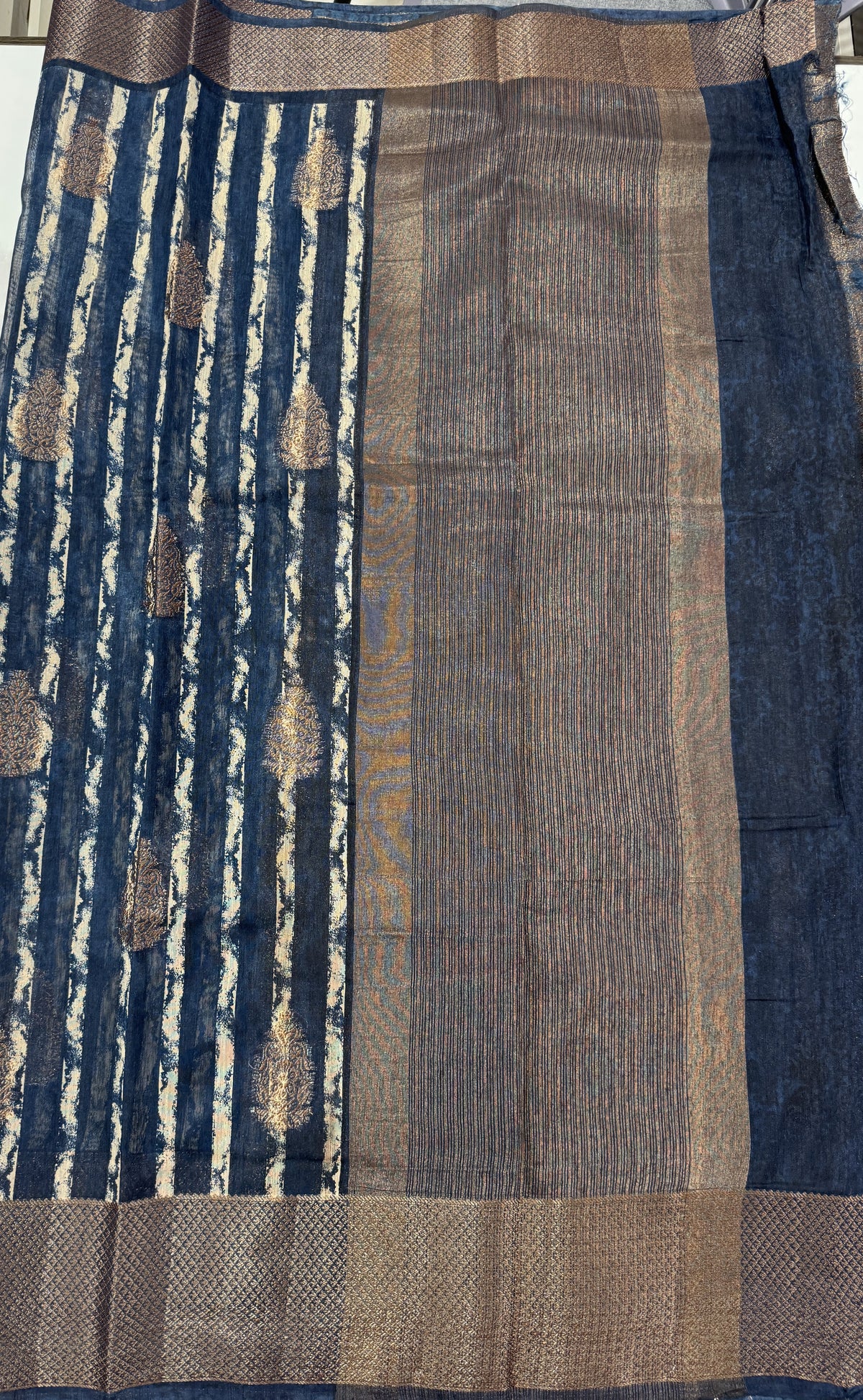 Semi Tussar Silk Saree -Black color with Gold Zari Border - Elegant Fancy Saree for Party & Office Wear