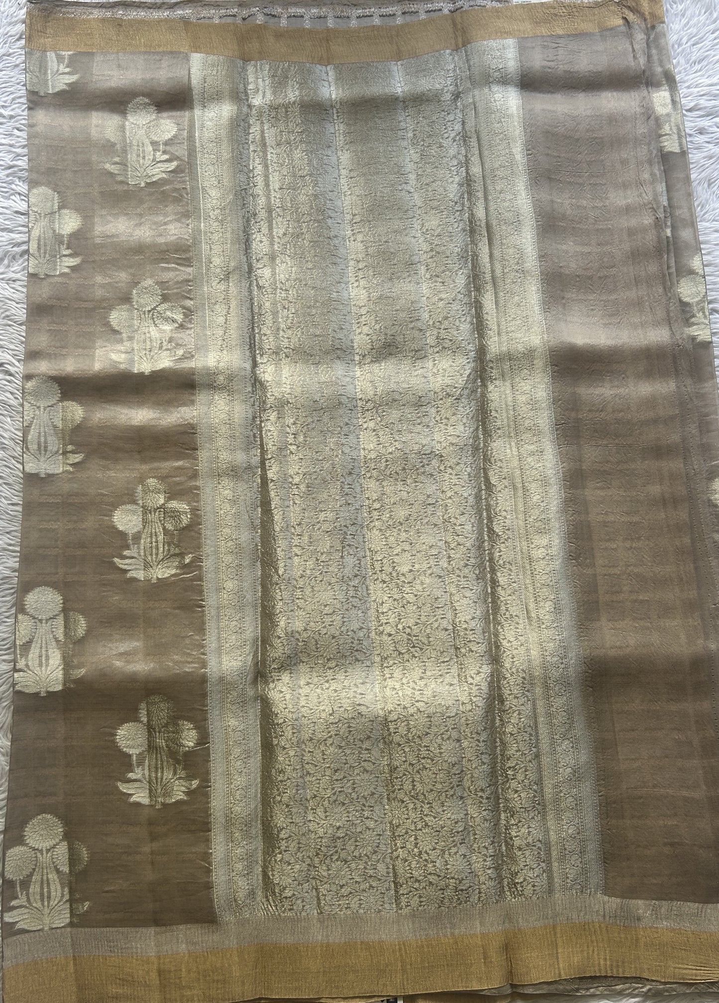 Banarasi Tissue Kora Saree Chickoo Colored Complemented with a Zari Border. - Sampradaya Designer Studio