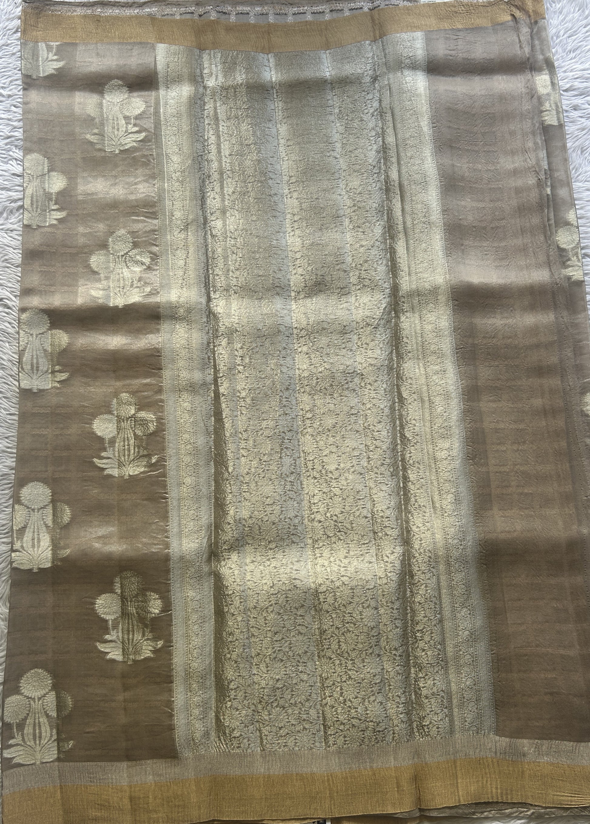 Banarasi Tissue Kora Saree Chickoo Colored Complemented with a Zari Border. - Sampradaya Designer Studio