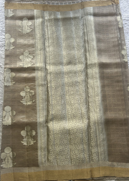 Banarasi Tissue Kora Saree Chickoo Colored Complemented with a Zari Border. - Sampradaya Designer Studio