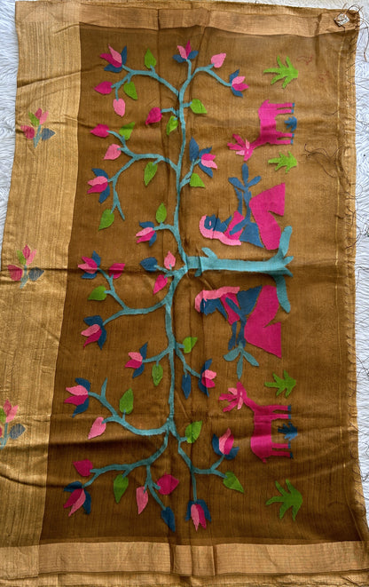Pure Matka and Muslin Saree Pastel Brown Colored Complemented with a Zari Border. - Sampradaya Designer Studio