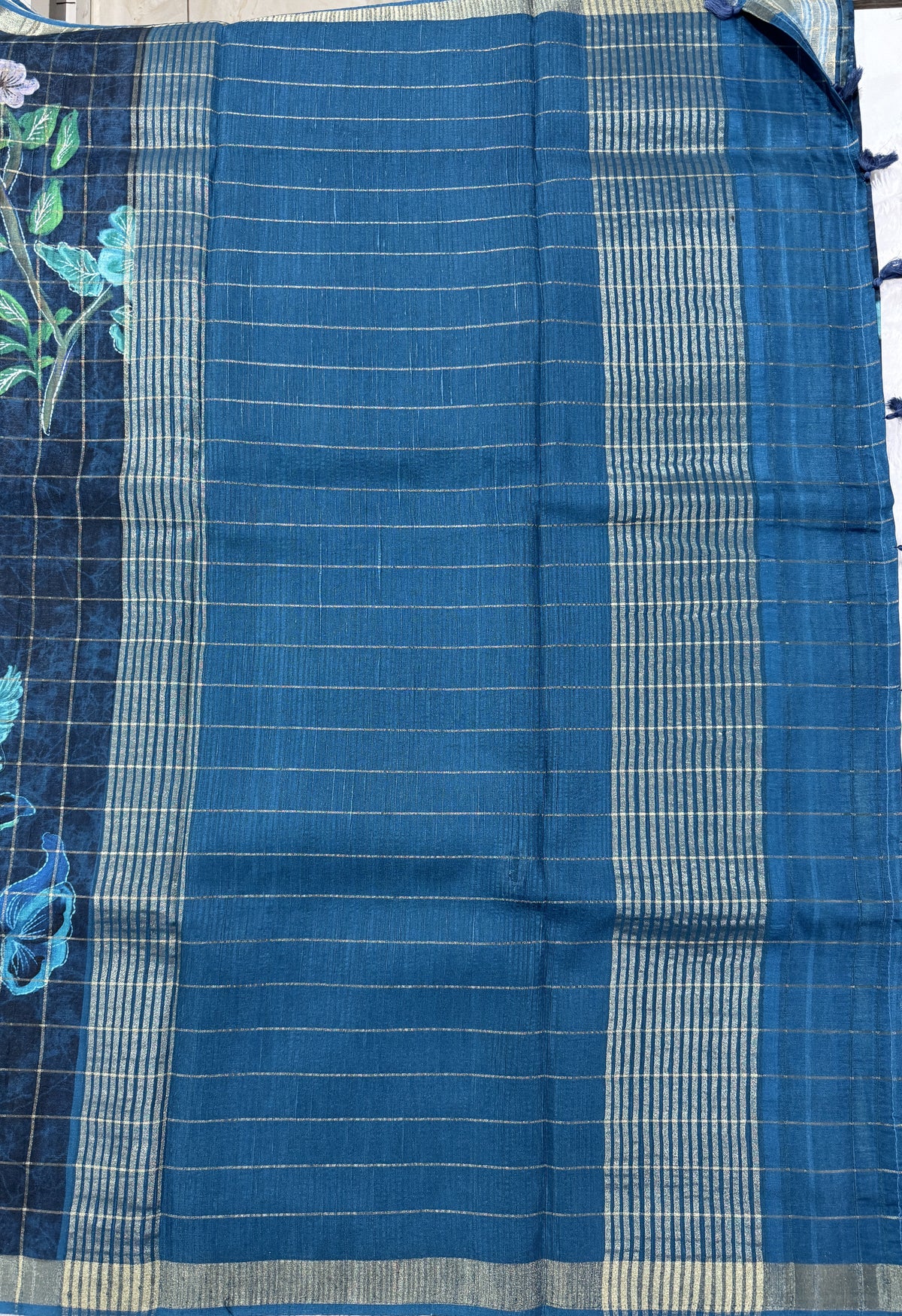 Semi Tussar Silk Saree -Navy Blue color with Gold Zari Border - Elegant Fancy Saree for Party & Office Wear