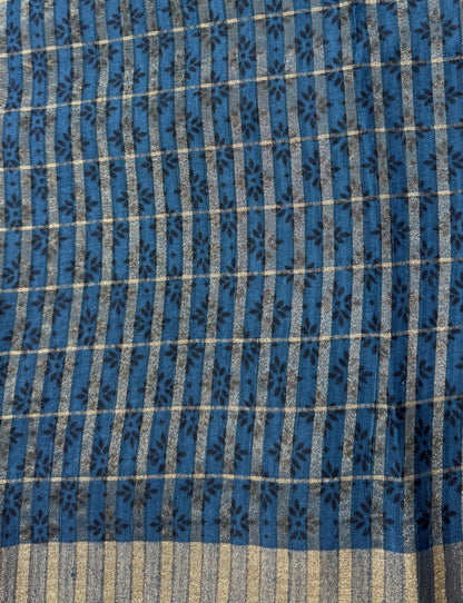 Semi Tussar Silk Saree -Navy Blue color with Gold Zari Border - Elegant Fancy Saree for Party & Office Wear
