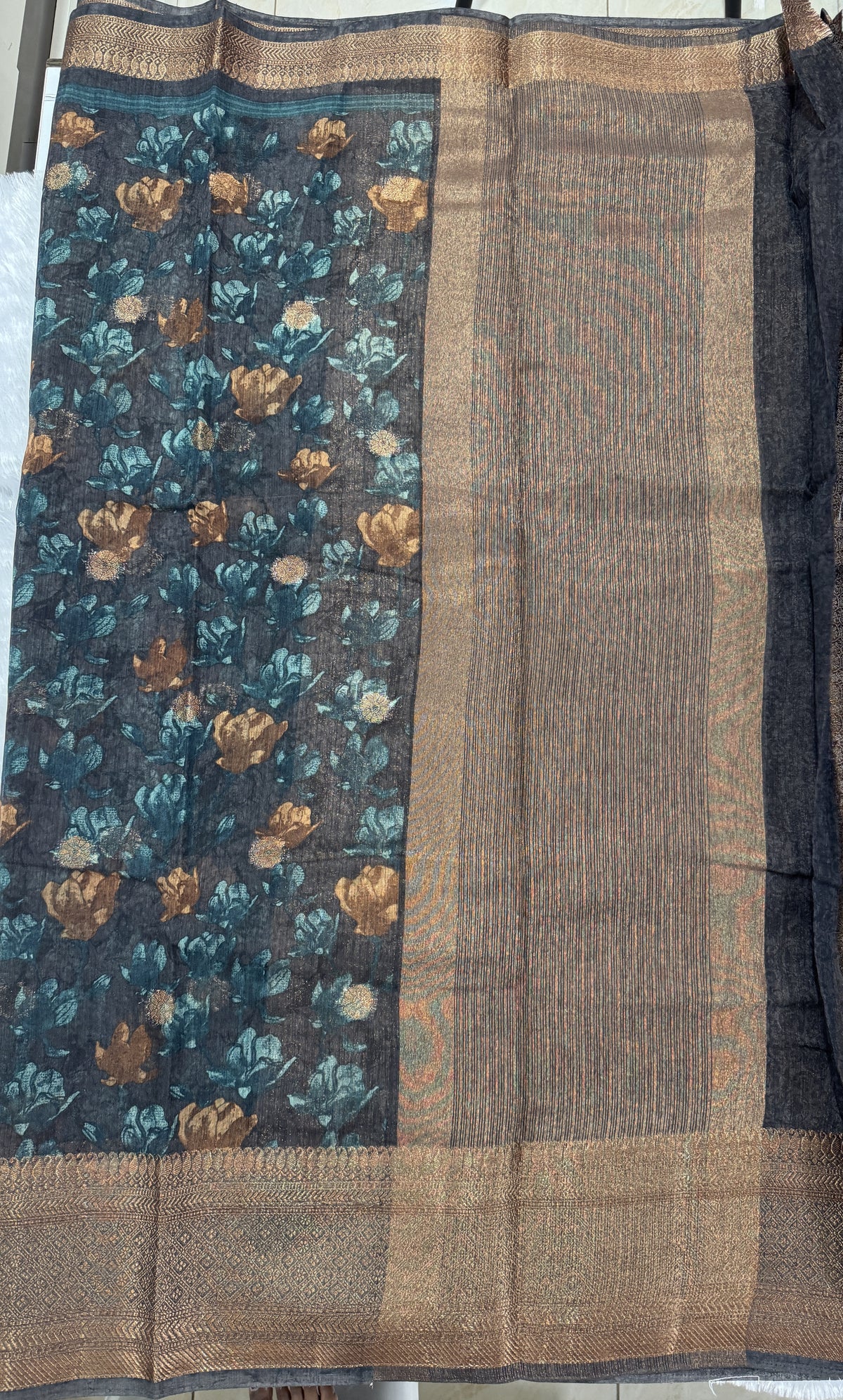 Semi Tussar Silk Saree - Peacock Blue color with Gold Zari Border - Elegant Fancy Saree for Party & Office Wear.