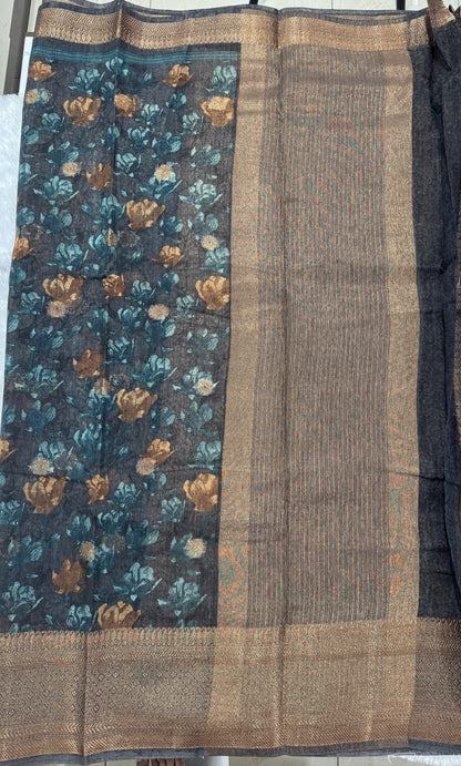 Semi Tussar Silk Saree - Peacock Blue color with Gold Zari Border - Elegant Fancy Saree for Party & Office Wear.
