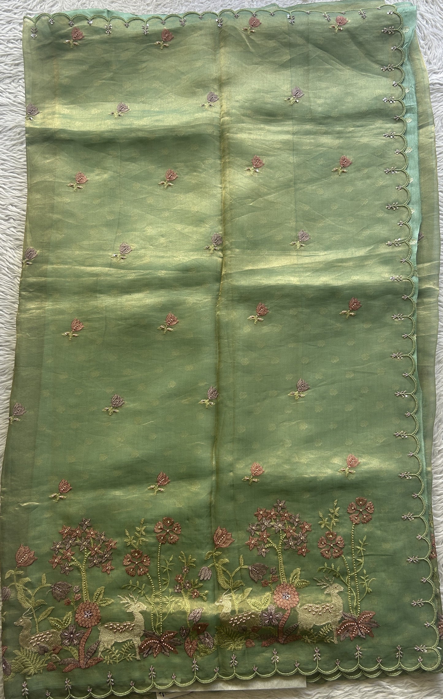 Banarasi Tissue Kora Saree Green Colored Complemented with a Scallop Border. - Sampradaya Designer Studio