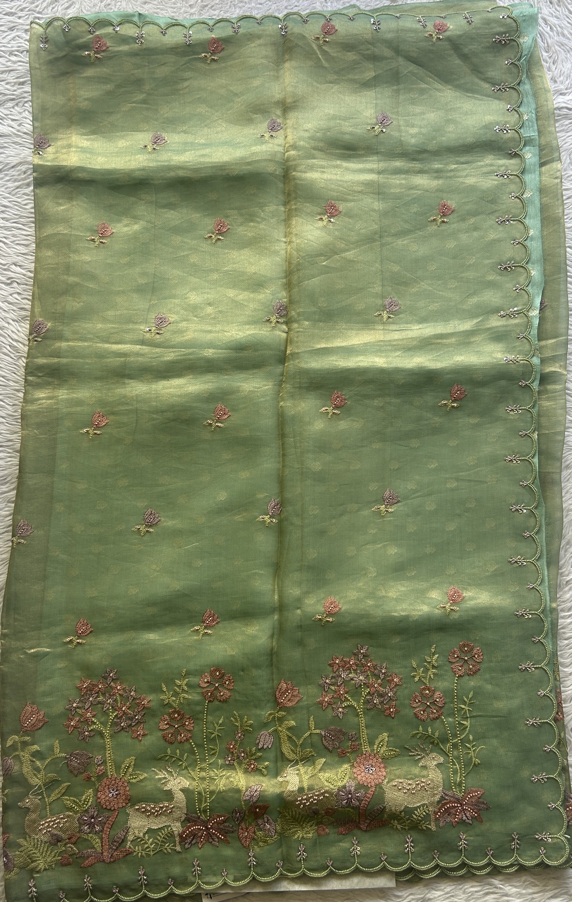 Banarasi Tissue Kora Saree Green Colored Complemented with a Scallop Border. - Sampradaya Designer Studio