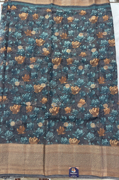 Semi Tussar Silk Saree - Peacock Blue color with Gold Zari Border - Elegant Fancy Saree for Party & Office Wear.
