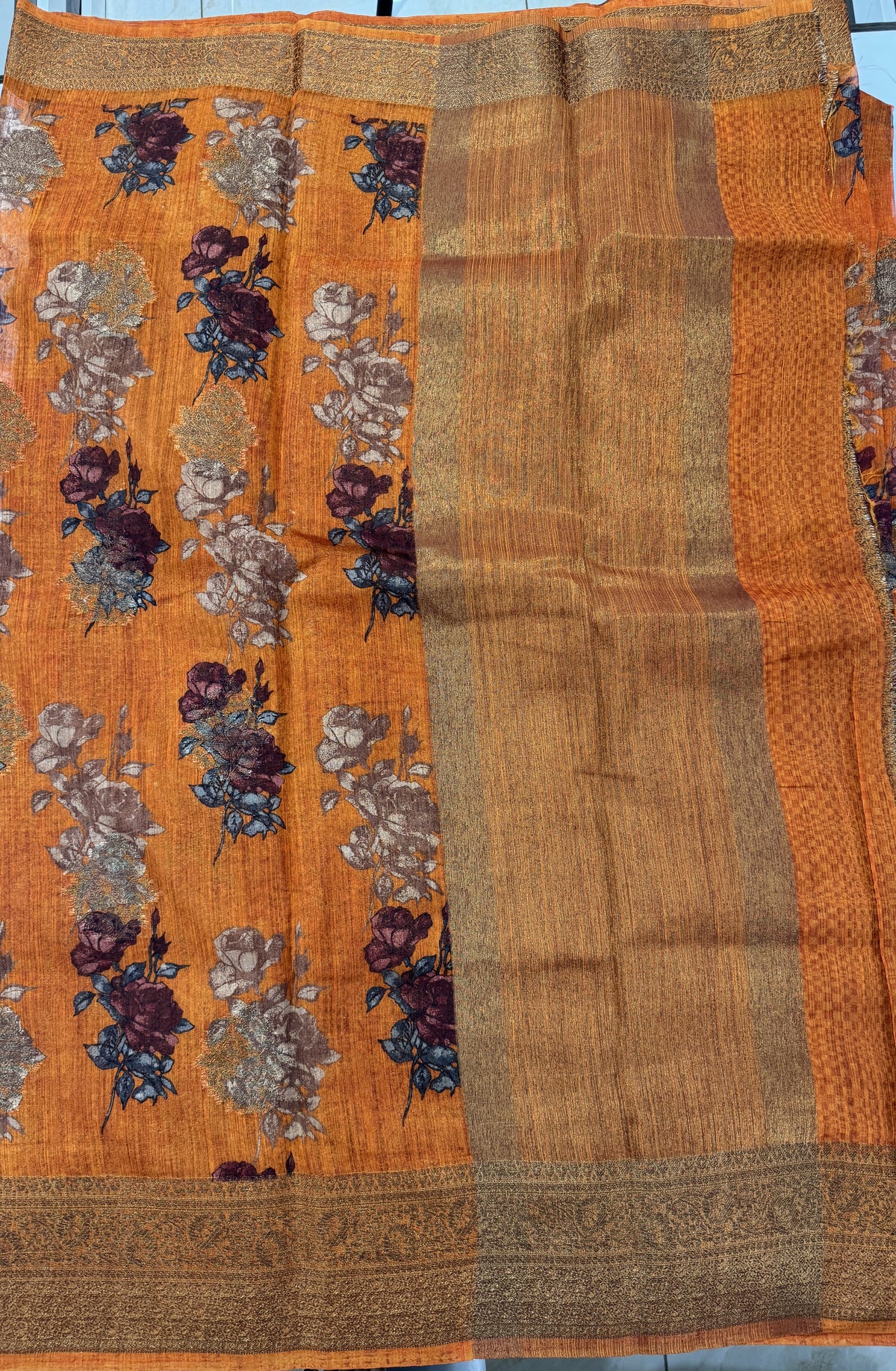 Semi Tussar Silk Saree - Orange color with Gold Zari Border - Elegant Fancy Saree for Party & Office Wear
