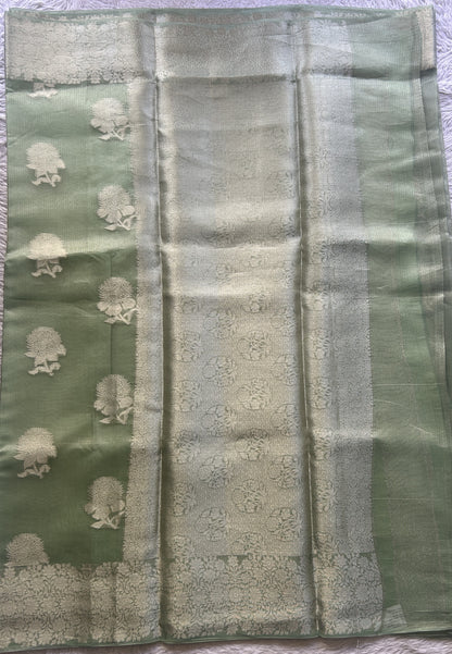 Banarasi Tissue Kora Saree Light Green Colored Complemented with a Zari Border. - Sampradaya Designer Studio