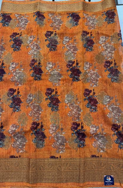 Semi Tussar Silk Saree - Orange color with Gold Zari Border - Elegant Fancy Saree for Party & Office Wear