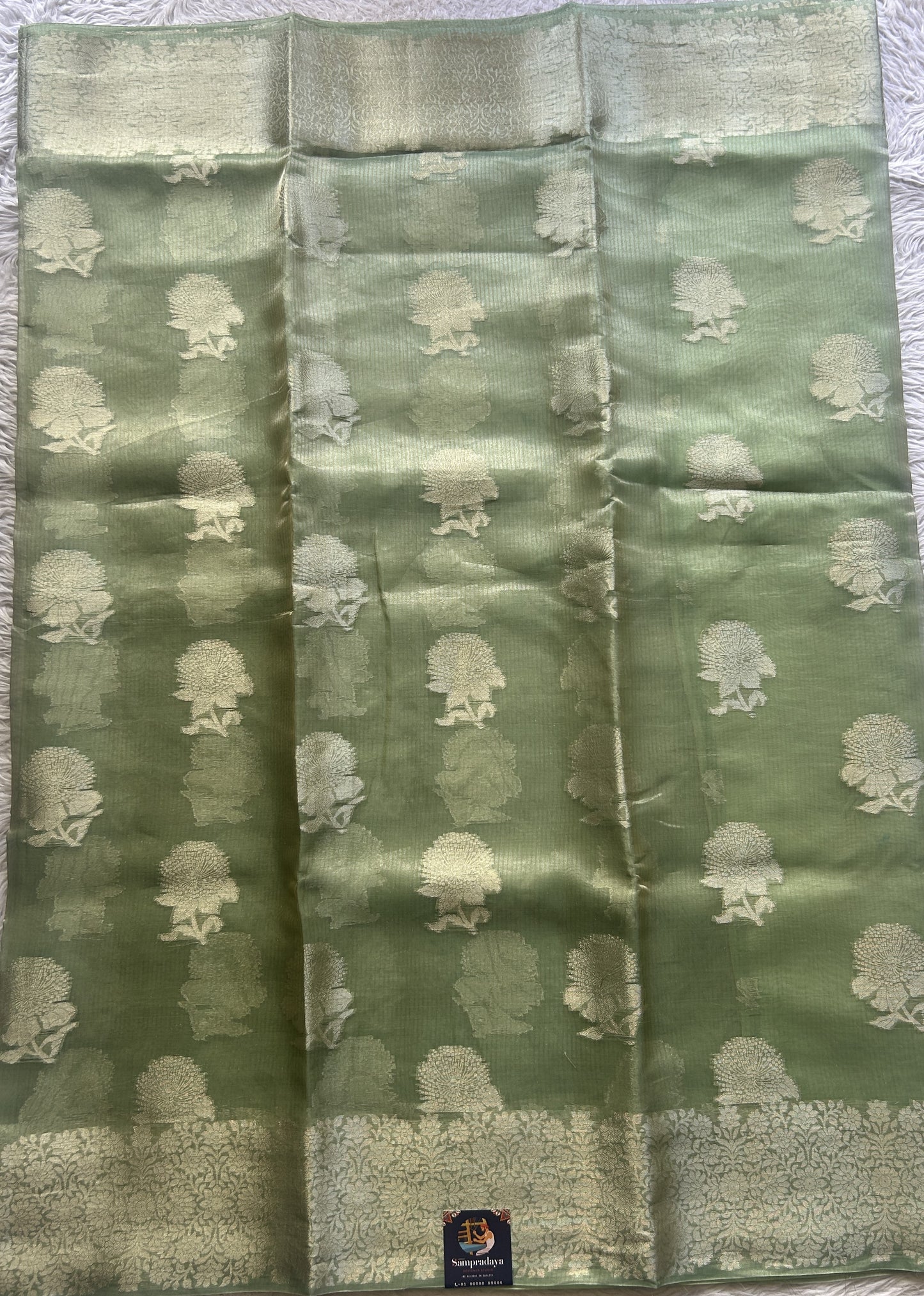 Banarasi Tissue Kora Saree Light Green Colored Complemented with a Zari Border. - Sampradaya Designer Studio