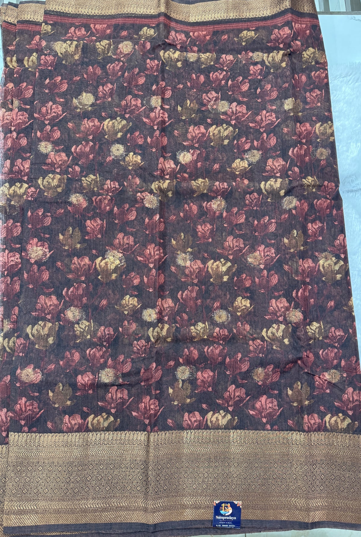 Semi Tussar Silk Saree -Brown color with Gold Zari Border - Elegant Fancy Saree for Party & Office Wear