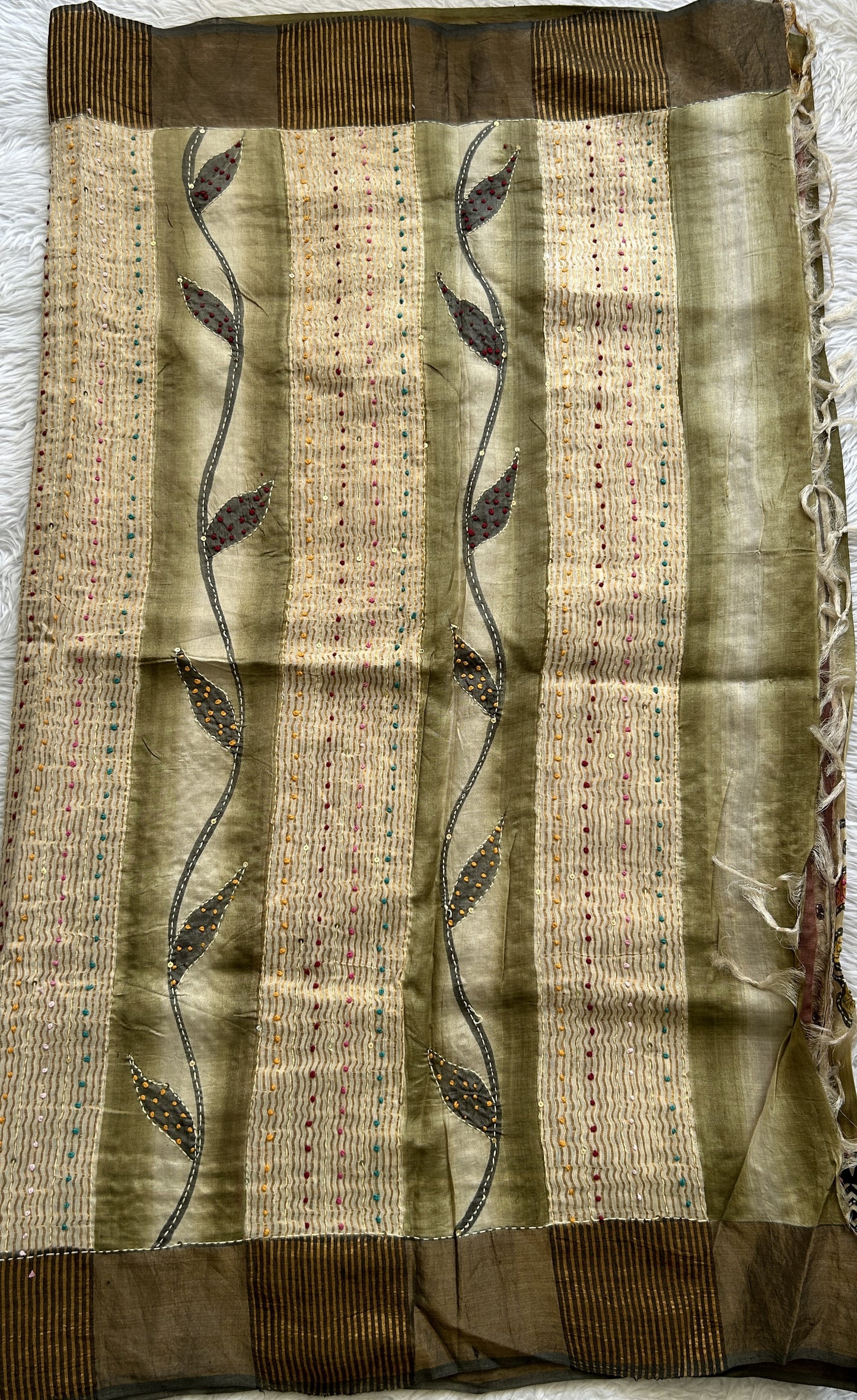 Pure Tussar Silk Saree Dark Olive Green Color Complemented with a Zari Border. - Sampradaya Designer Studio