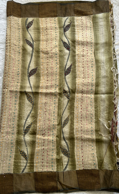 Pure Tussar Silk Saree Dark Olive Green Color Complemented with a Zari Border. - Sampradaya Designer Studio