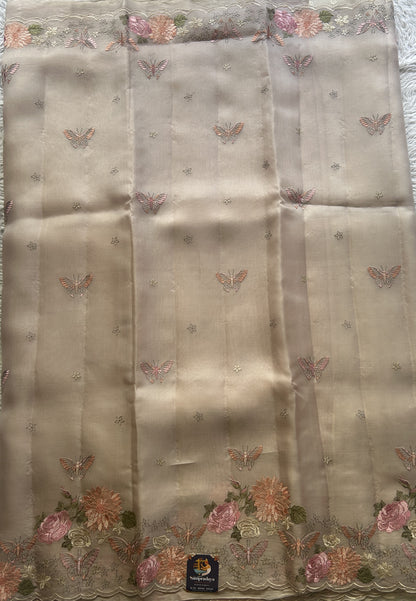 Banarasi Tissue Kora Saree Beige Colored Complemented with a Scallop Border. - Sampradaya Designer Studio