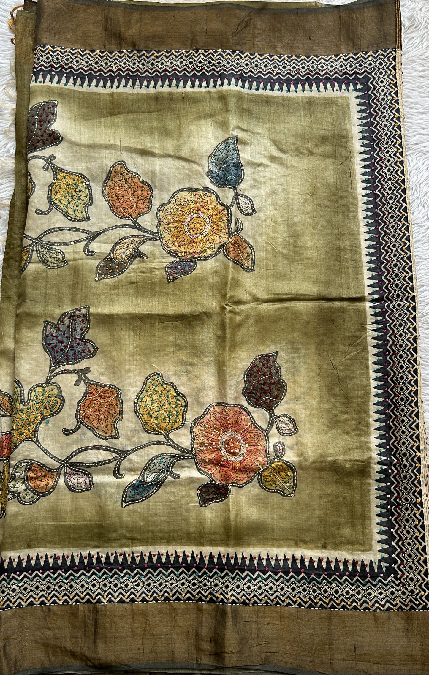Pure Tussar Silk Saree Dark Olive Green Color Complemented with a Zari Border. - Sampradaya Designer Studio