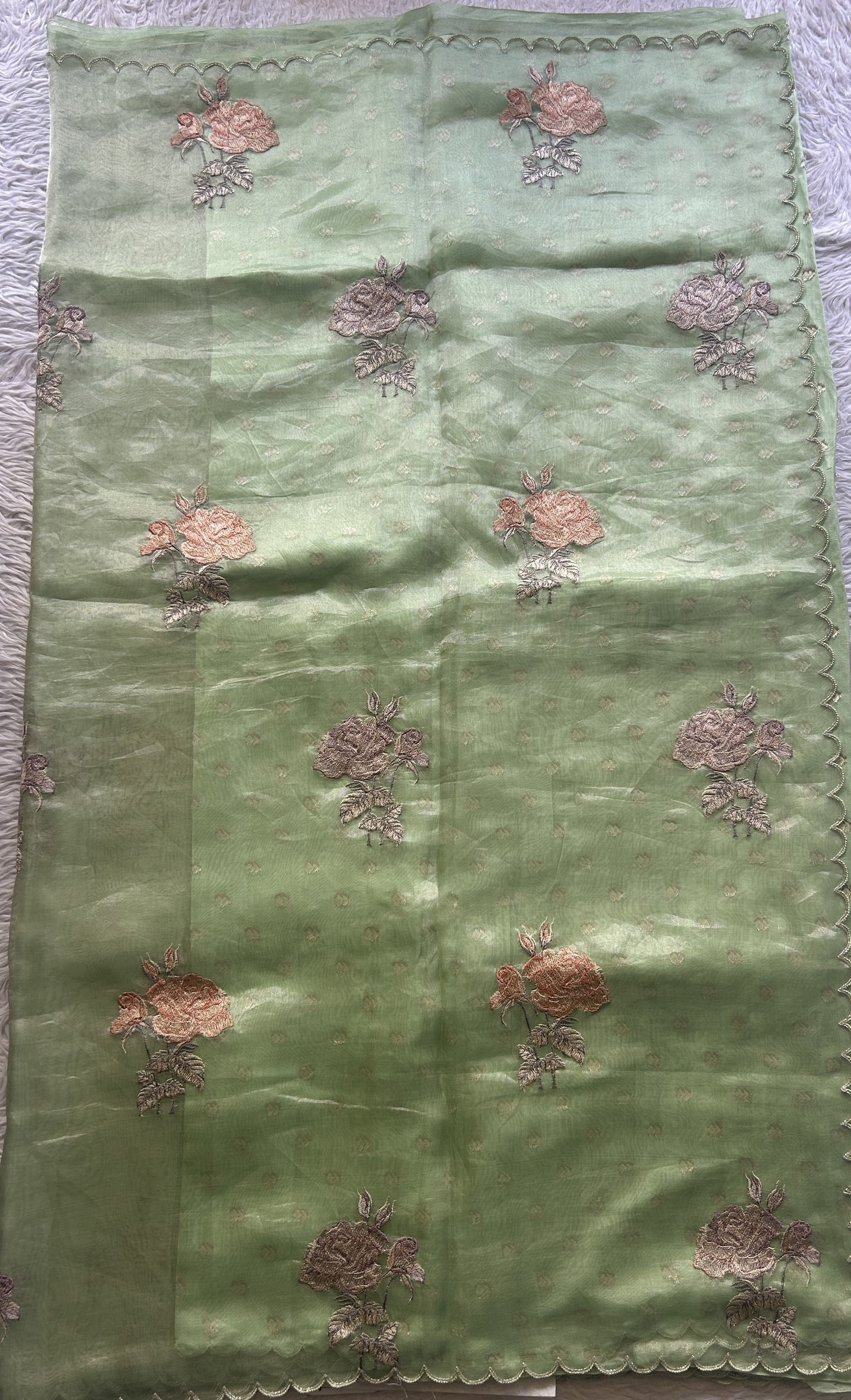Banarasi Tissue Kora Saree Parrot Green Colored Complemented with a Scallop Border. - Sampradaya Designer Studio