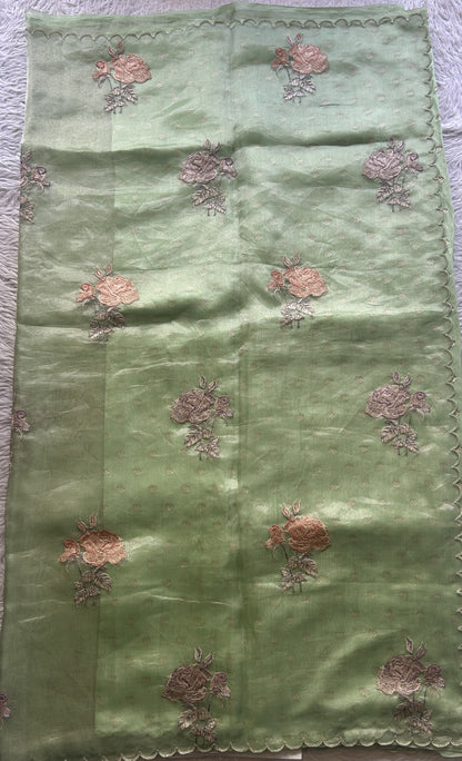 Banarasi Tissue Kora Saree Parrot Green Colored Complemented with a Scallop Border. - Sampradaya Designer Studio