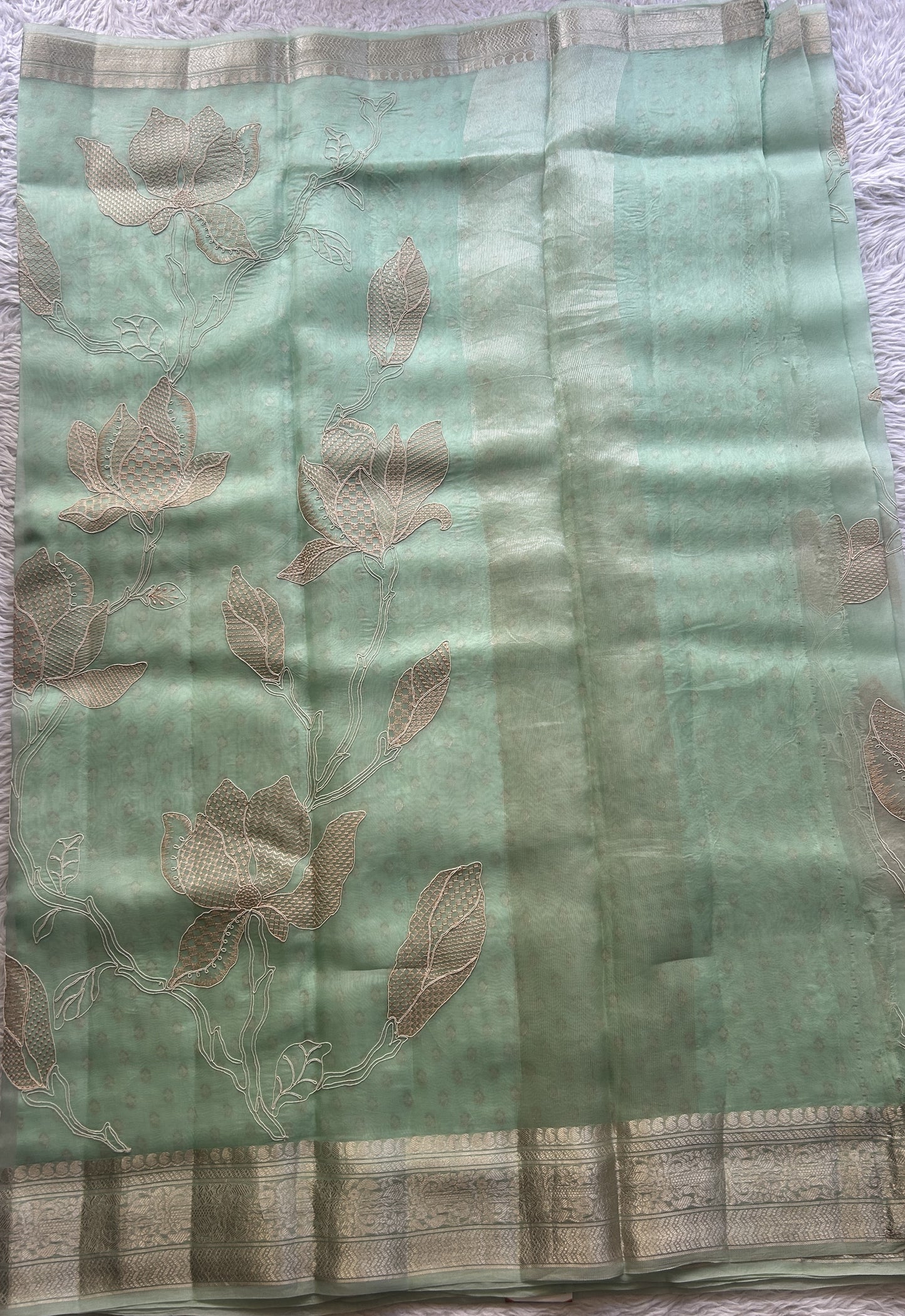 Banarasi Tissue Kora Saree Sea Green Colored Complemented with a Scallop Border. - Sampradaya Designer Studio
