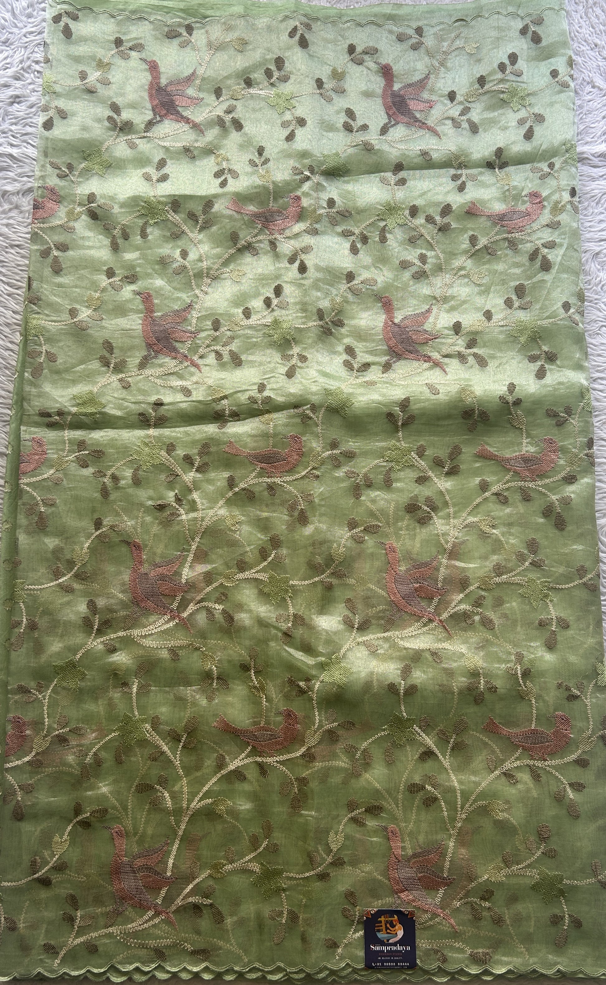 Banarasi Tissue Kora Saree Light Green Colored Complemented with a Scallop Border. - Sampradaya Designer Studio