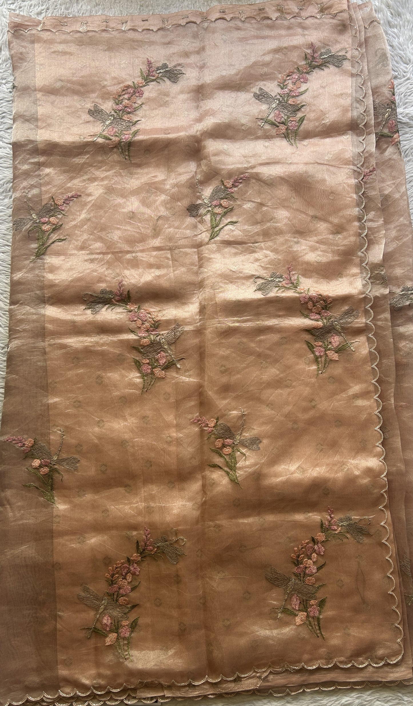 Banarasi Tissue Kora Saree Light Peach Colored Complemented with a Scallop Border. - Sampradaya Designer Studio